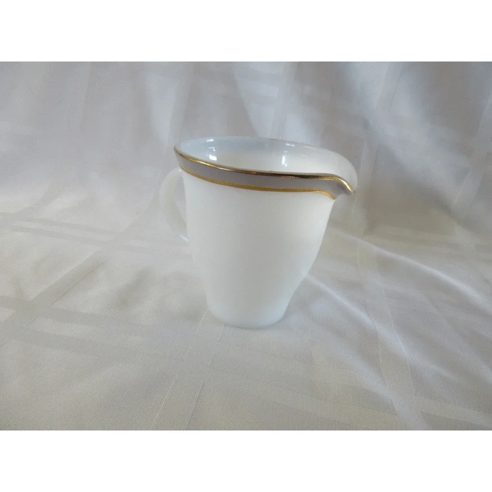 Vintage Pyrex Tableware Gray w/Gold Trimmed White Milk Glass Creamer  1950's